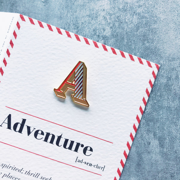 alphabet letter a enamel pin brooch and greeting card