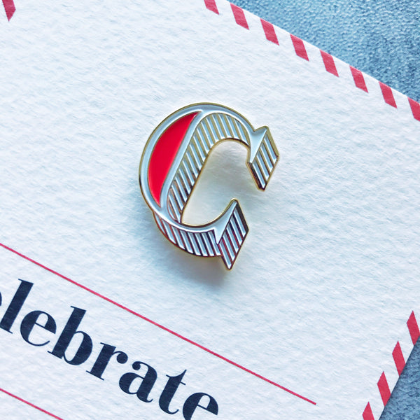 letter c is for celebrated enamel pin badge with card