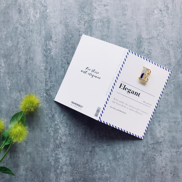 elegant greeting card with letter E pin