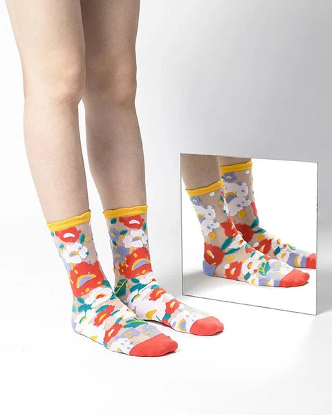 Flower Garden Sheer Socks – Yellow Cuff