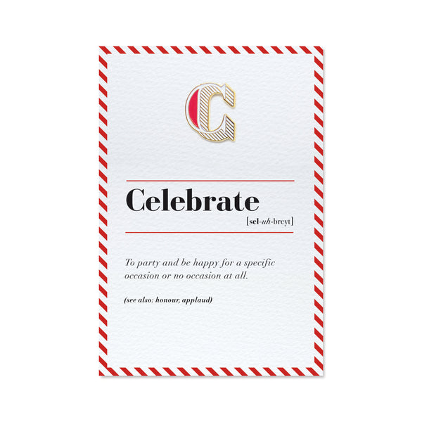 c is for celebrate enamel pin badge and greeting card