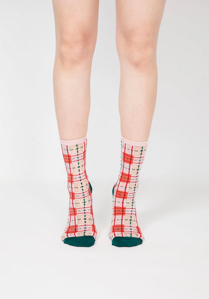 Tartan Sheer Socks - Pink & Peach