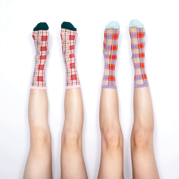 Tartan Sheer Socks - Pink & Peach