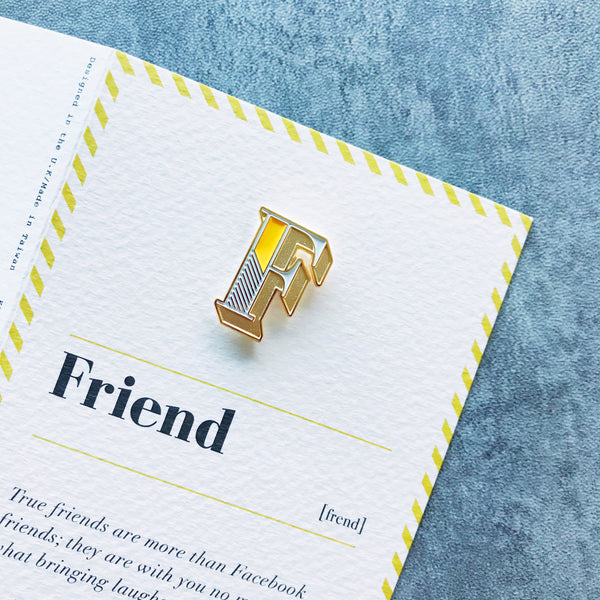 friend greeting card and letter F brooch