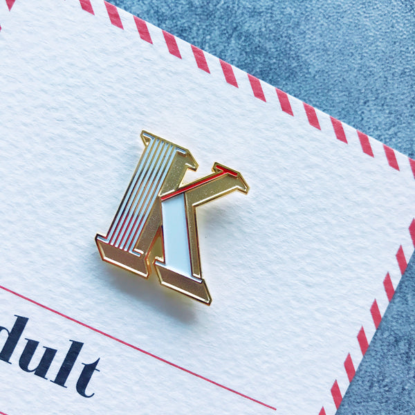 enamel letter K pin and card