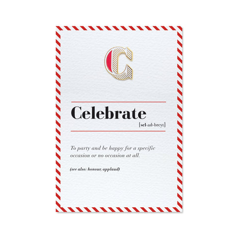 c is for celebrate enamel pin badge and greeting card