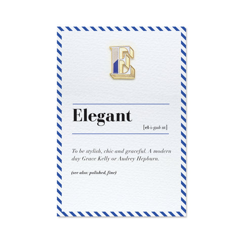 e is for elegant pin badge and greeting card