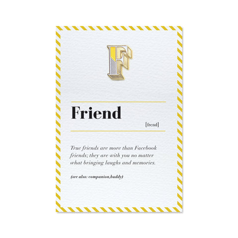 letter F pin badge and friend greeting card