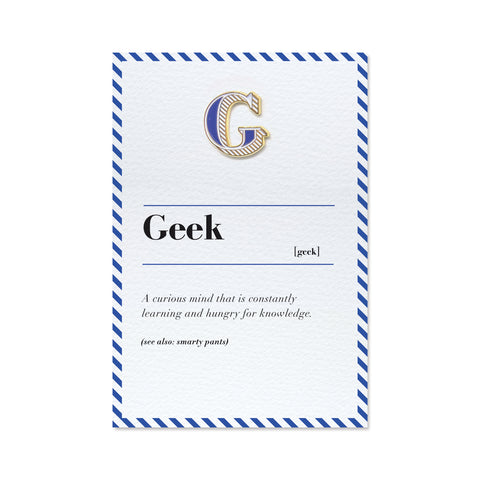 letter g pin badge and geek definition greeting card