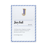 Letter J pin and Joyful definition greeting card