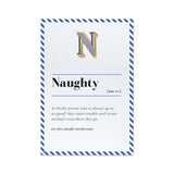 n is for naughty greeting card and enamel pin