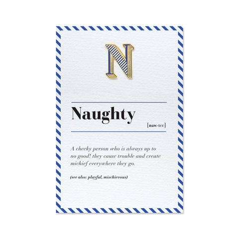 n is for naughty greeting card and enamel pin