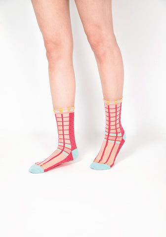 Polka Dot & Grid Sheer Socks (Watermelon Pink)