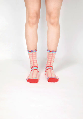 Polka Dot & Grid Sheer Socks (Light Pink)