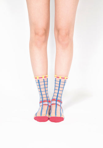 Polka Dot & Grid Sheer Socks (Blue)